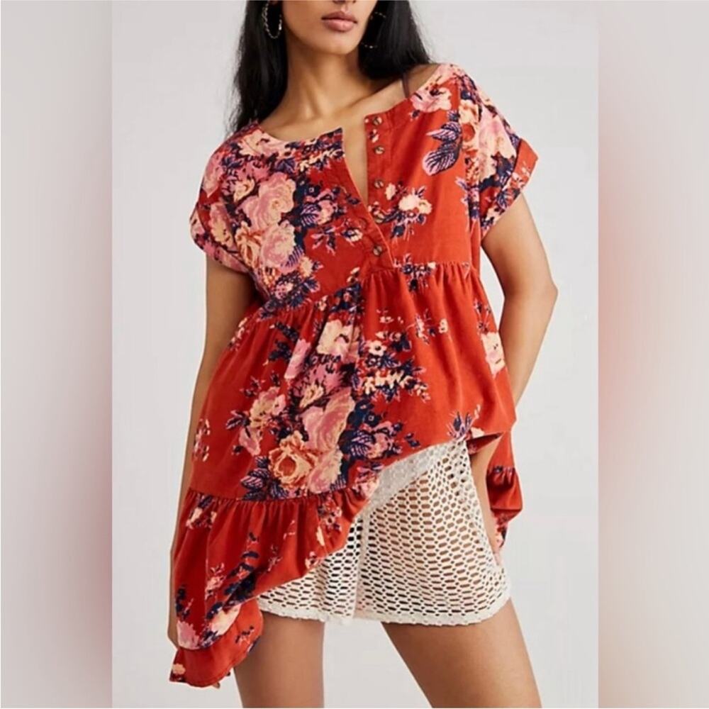 Free People Harper Burnt Orange and Pink Floral Corduroy Babydoll Dress S